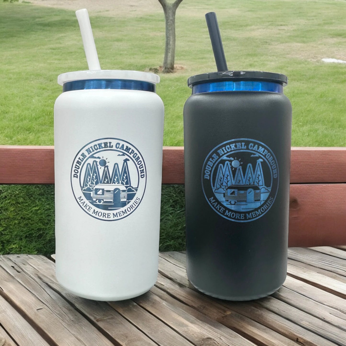 16oz Insulated Can Cup w/ lid and straw - Blue-plated. Black/White Pair.