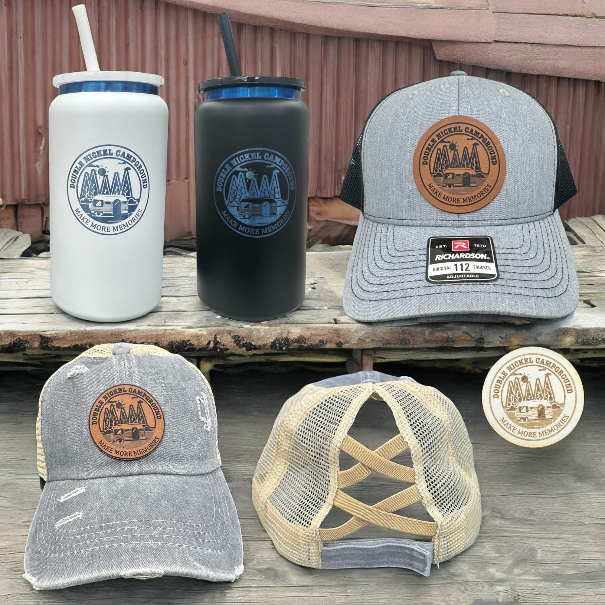Campground-branded patch hats with matching engraved bottles