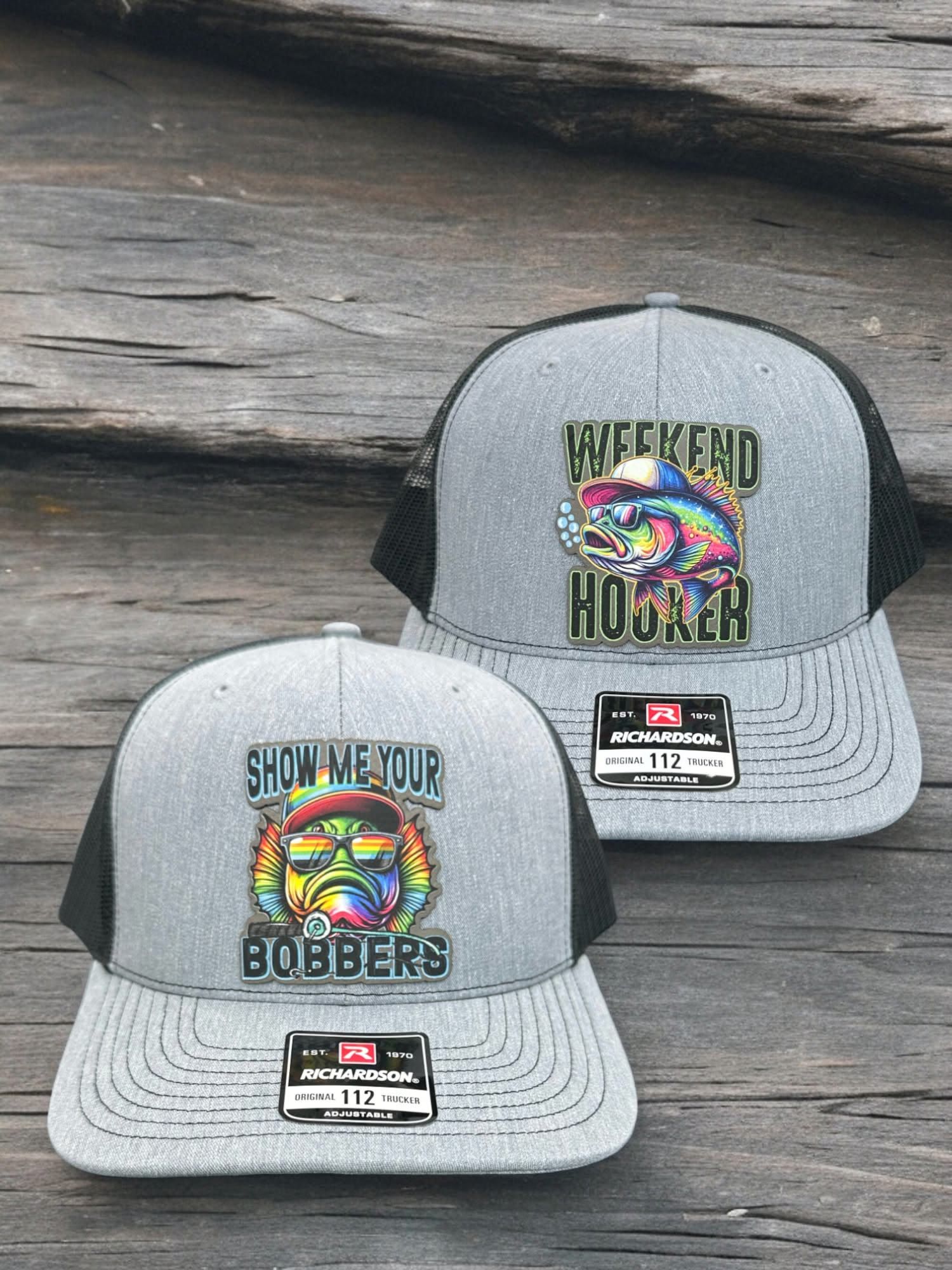 Two heather grey Richardson 112 hats with full-color Weekend Hooker and Show Me Your Bobbers fishing patches