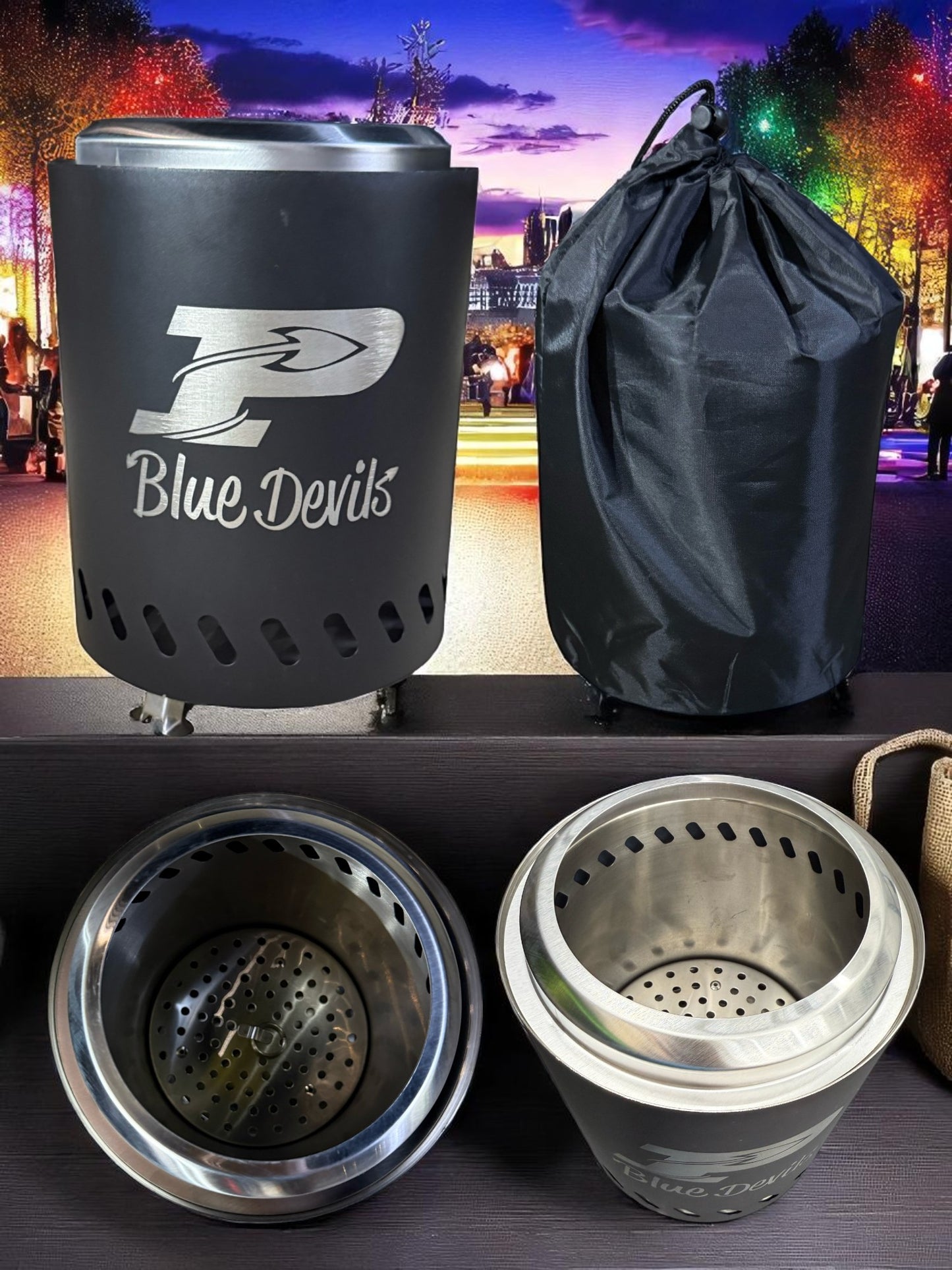 Custom Blue Devils Smokeless Tabletop Fire Pit – Portable Stainless Steel Mini Fire Pit with Bag – Foldable Feet, Double Wall Design, Secondary Burn